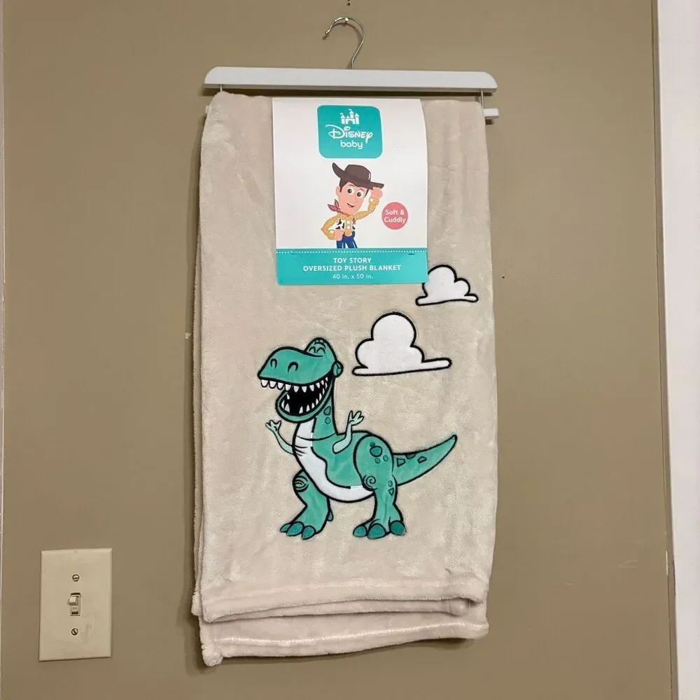 Disney Toy Story Rex Embroidered Dinosaur Blanket Ivory Green NWT 40 x 50 inches
